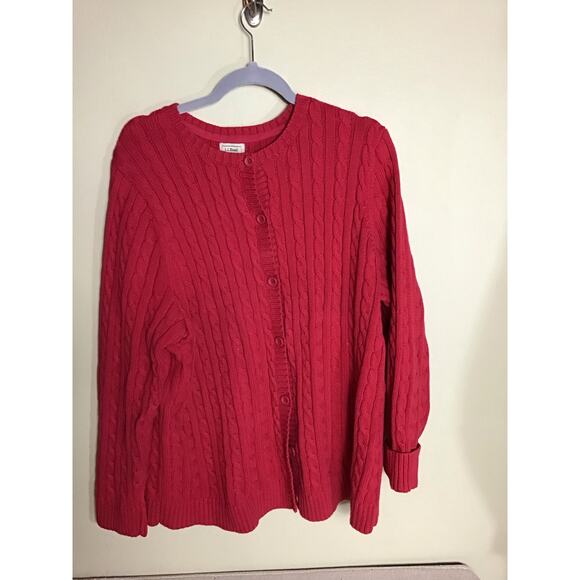 LL Bean Women Cable Knit Fisherman Sweater Sz.2X Red Wool Heavyweight Cardigan - Picture 2 of 10